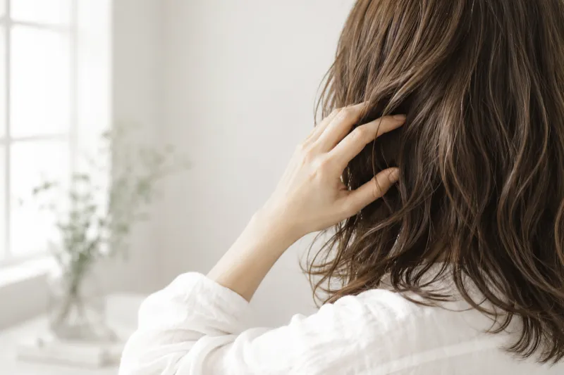 髪に指を通す女性の手元
