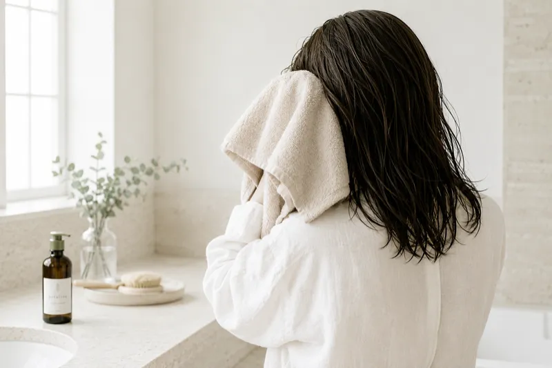 タオルで髪を乾かす女性の後ろ姿