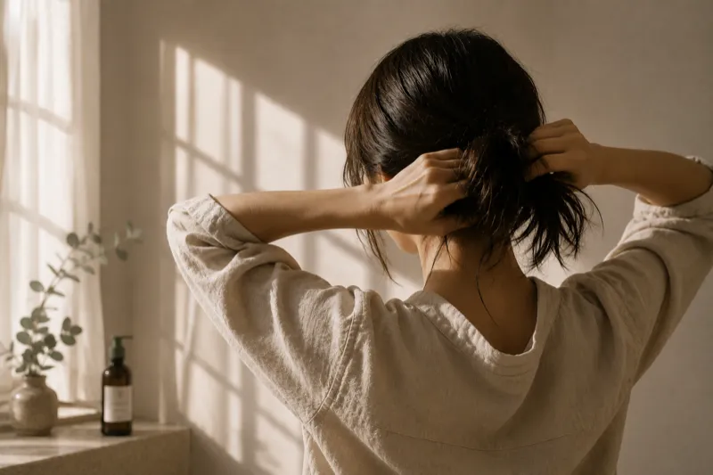 窓辺で髪をまとめる女性の後ろ姿